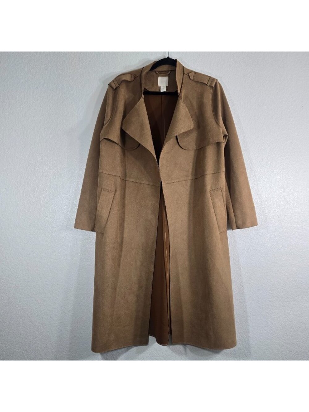 H&M Trench Coat Women Small Brown Faux Suede Open Front Long Sleeve Fall Boho